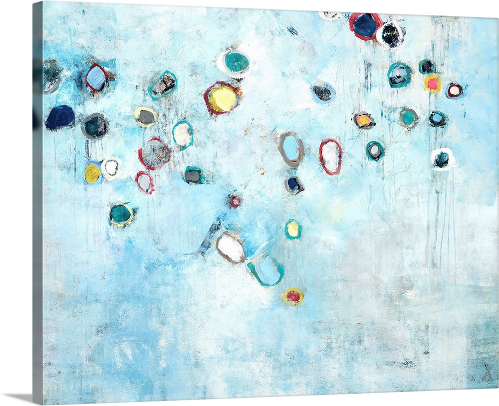 Contemporary abstract painting using pale distressed blue and small colorful organic shapes.