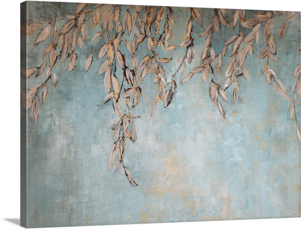 Contemporary painting of a gold leaves hanging against a pale blue background.