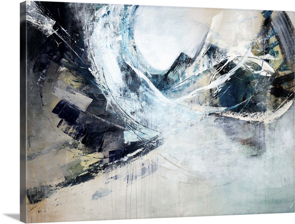 Contemporary abstract painting using bold contrasting neutral tones and curved lines.