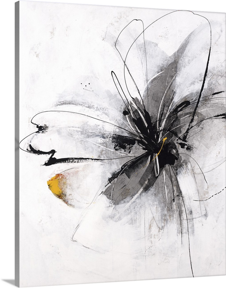 Painting of a single flower in bloom in gray.