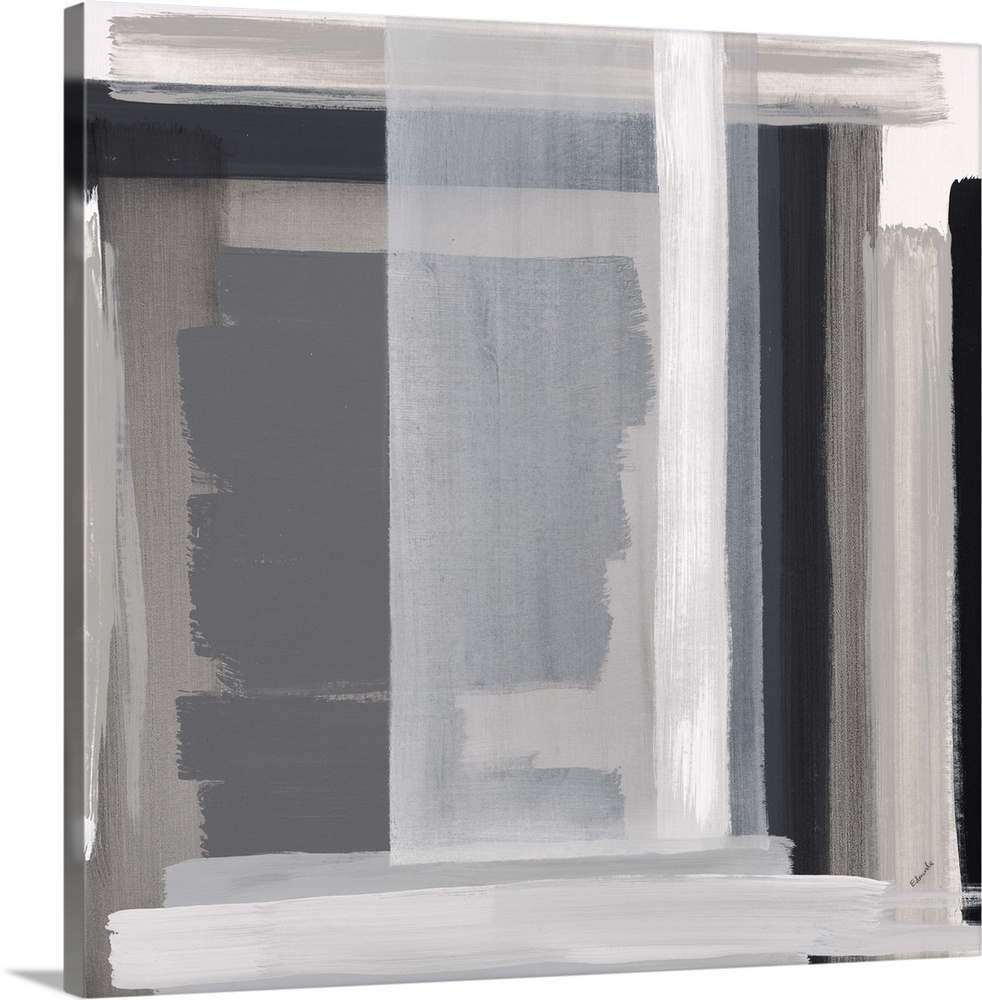 Abstract artwork of layered color blocks in white and black.