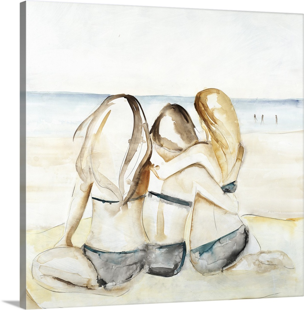 Square watercolor painting of three girls in bikinis sitting next to each other on the beach looking towards the ocean.