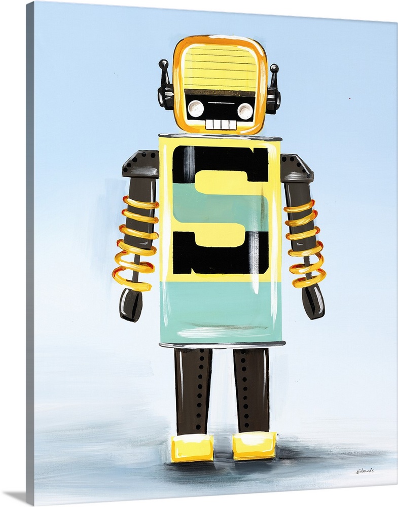 Contemporary painting of a yellow, green, and gray robot on a light blue and white background.