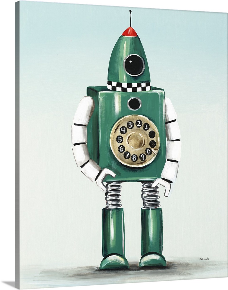 Contemporary painting of a green robot with an old fashioned phone dial on its middle section.