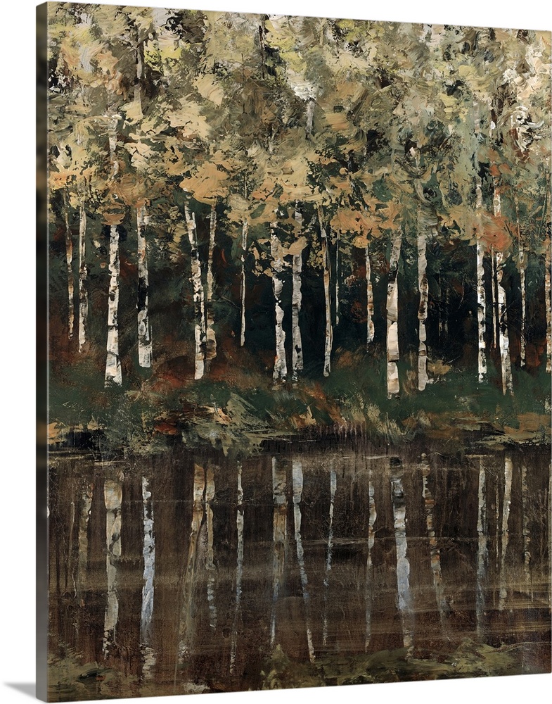 Artwork of birch trees near the shores of a lake in mostly neutral tones.