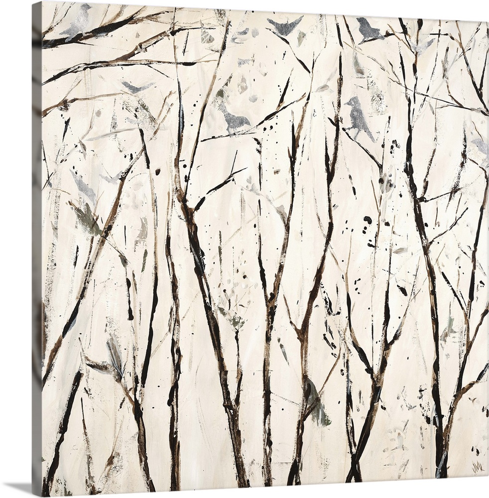 Square painting in neutral white and brown hues with silver birds perched on bare branches.