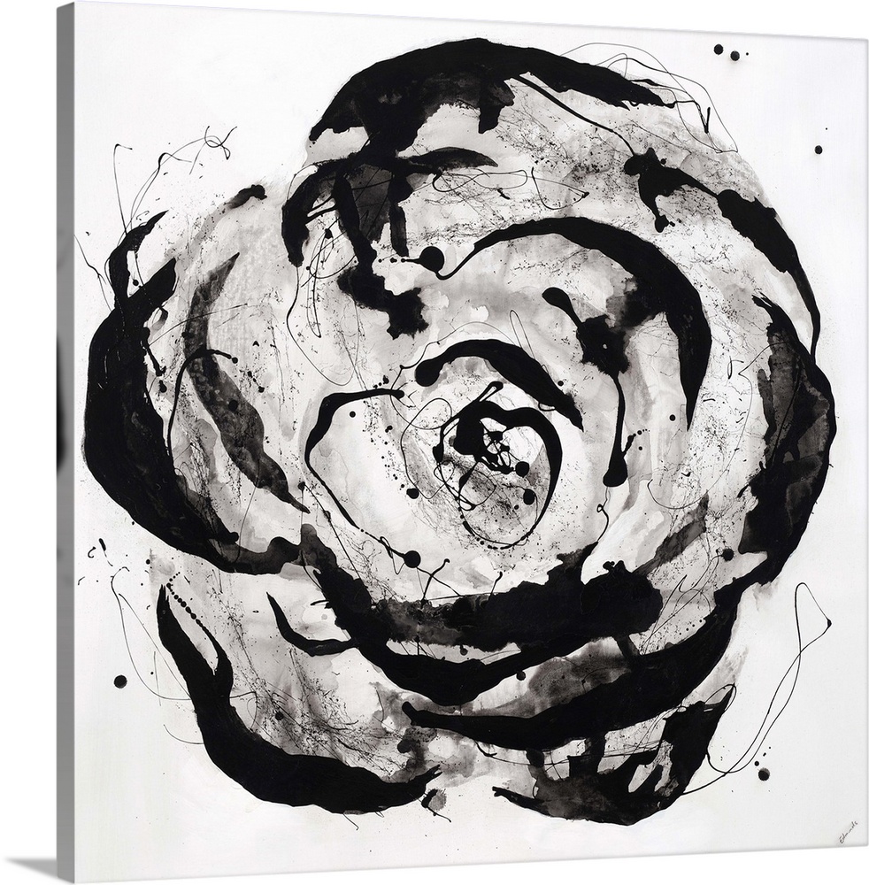 Contemporary painting of a single large flower in greyscale, painted in a circular motion with varying brush thicknesses a...