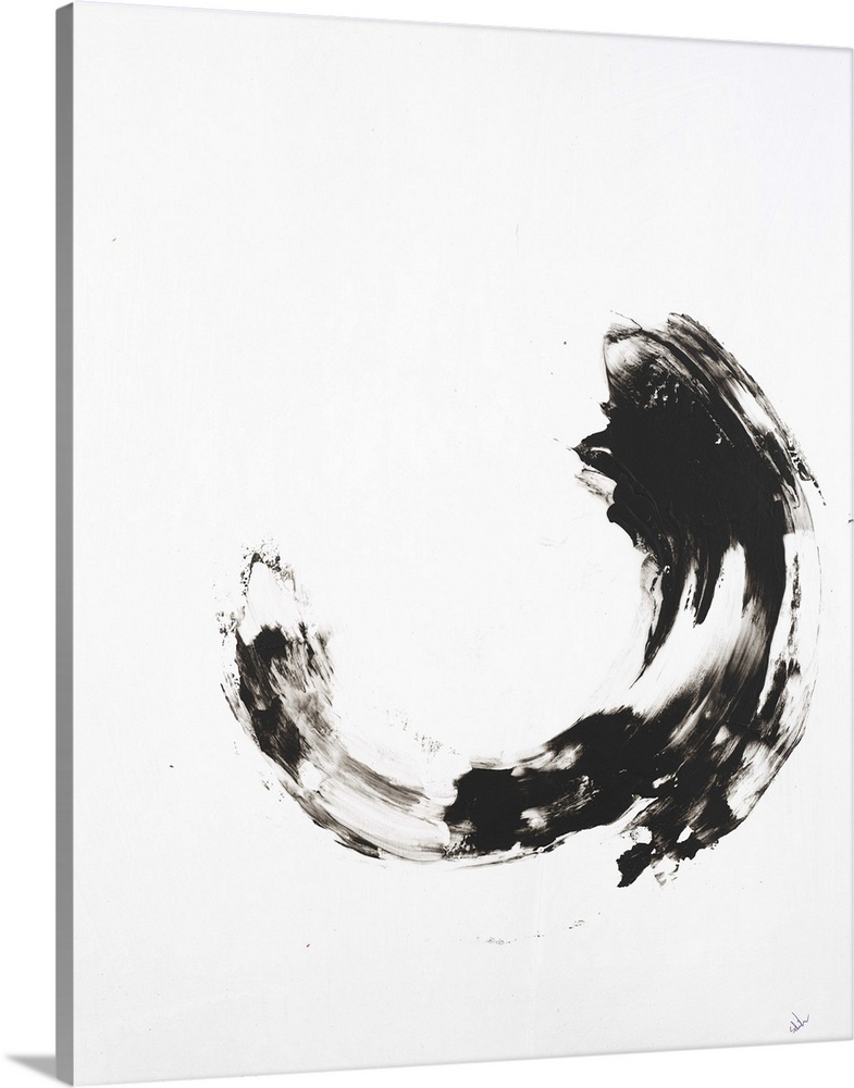 Minimalist abstract painting with a black curved brushstroke in the middle of a white background.