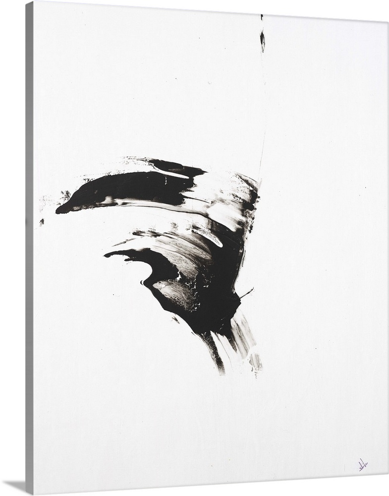 Minimalist abstract painting with a black brushstroke in the middle of a white background.