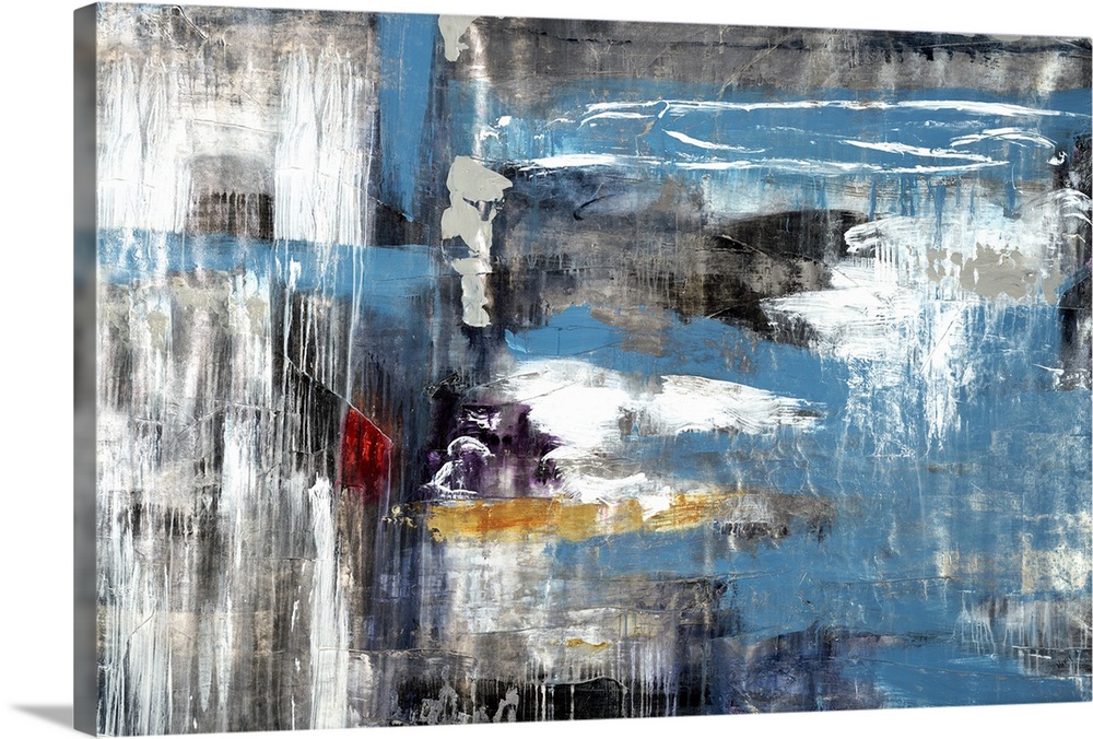 Contemporary abstract painting using blue and gray tones smeared together and washed looking.