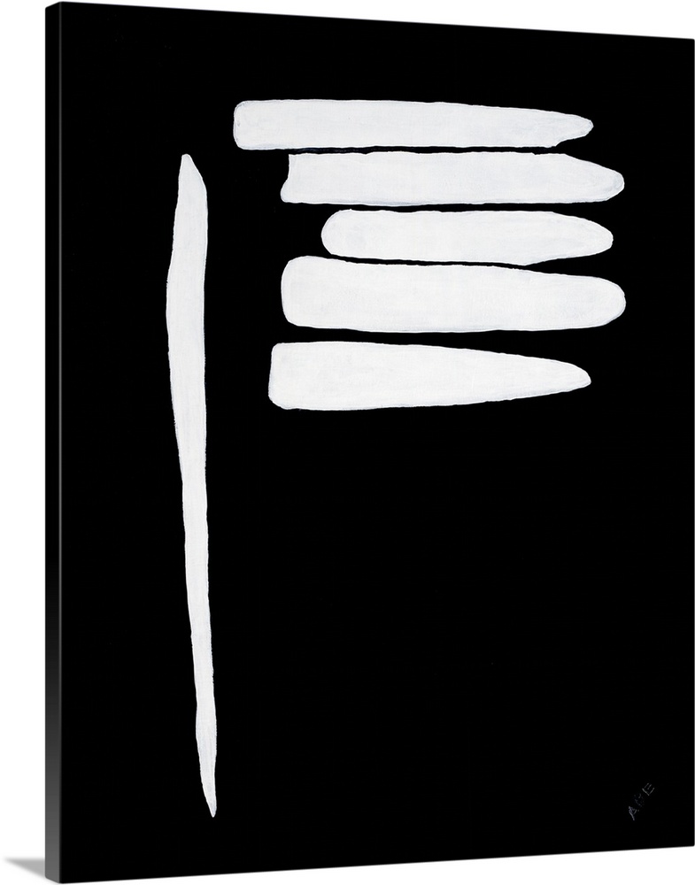 Contemporary abstract painting that has a solid black background and thick white lines- one running vertically and the oth...