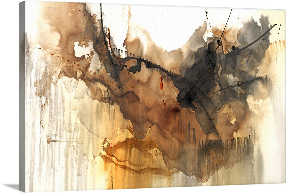 Large abstract painting with earthy tones shades of brown, orange, gray, and black.