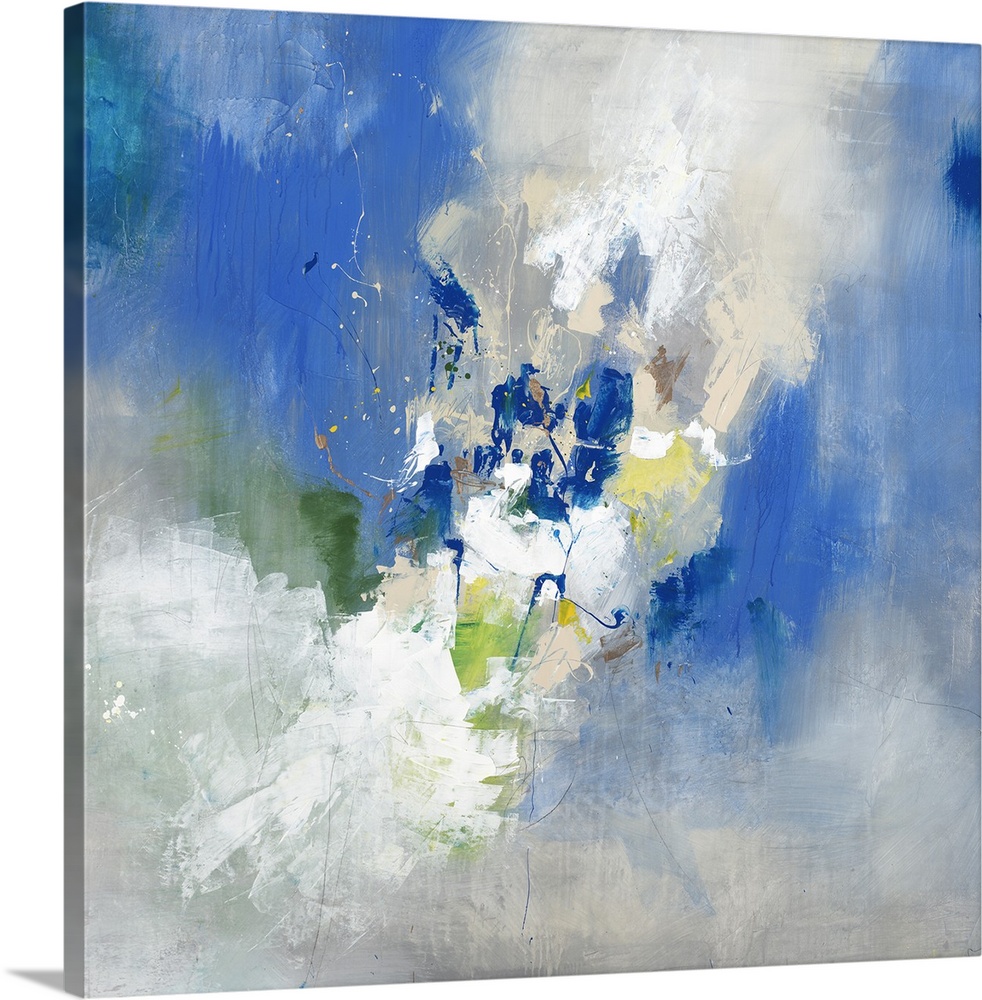 Square abstract painting with bright blue, white, and gray hues broadly spread out in the background and a cluster of blue...