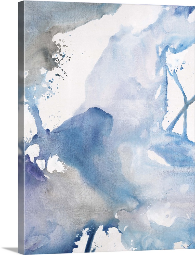 Abstract watercolor painting of swirling cool tones that connect with thin lines or soft color transitions.