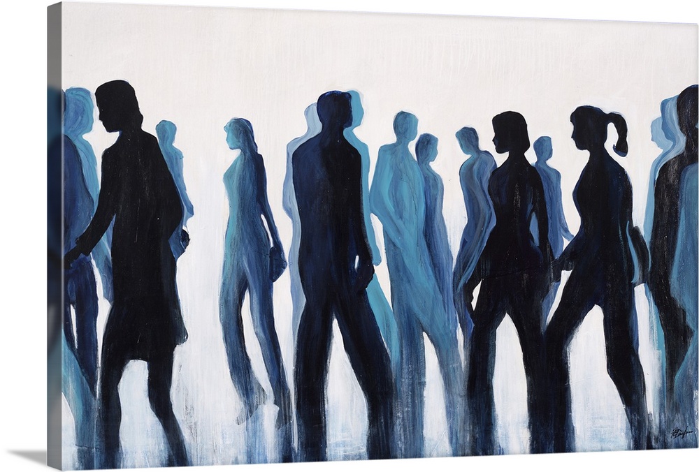 Contemporary painting of silhouetted figures in dark blue tones appearing to be walking.
