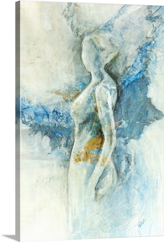 Figurative art of the profile of a standing woman in cool and neutral tones, with patches of color that seem to radiate ou...