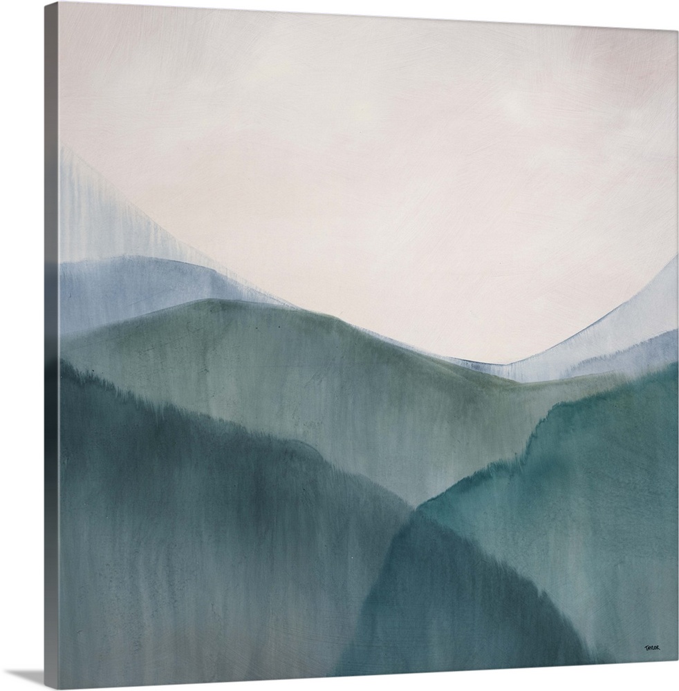 Abstract watercolor painting of numerous hills in a valley, beneath a clear, open sky.