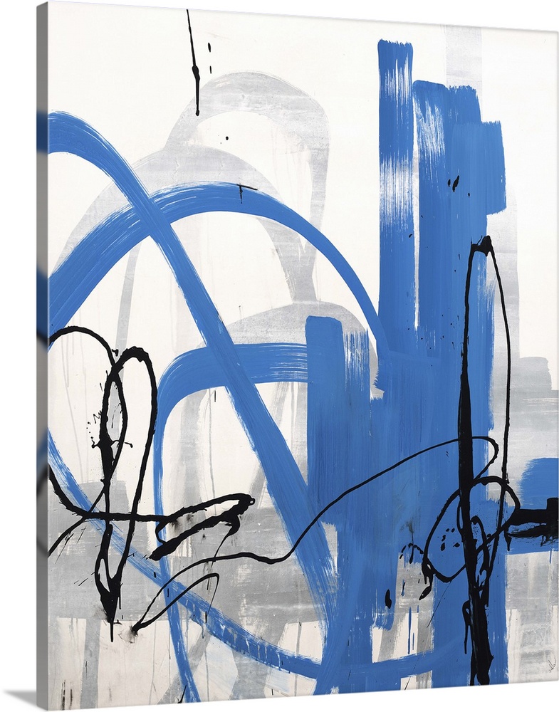 Contemporary abstract painting of a neutral background with blue and black exaggerated lines.