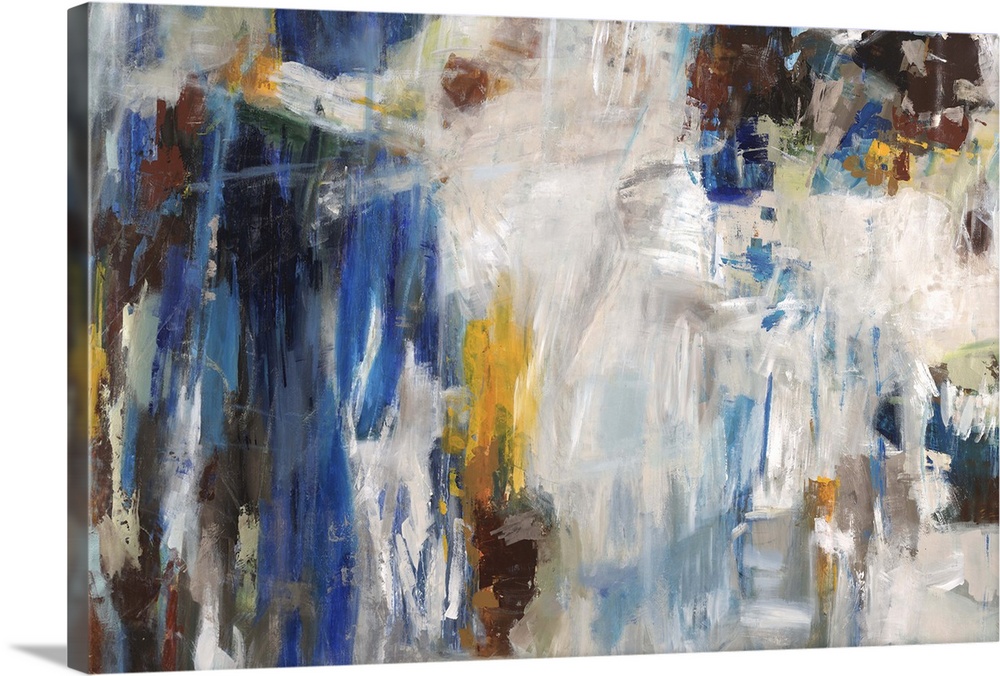 Abstract contemporary artwork in white and blue, with golden pops of color.