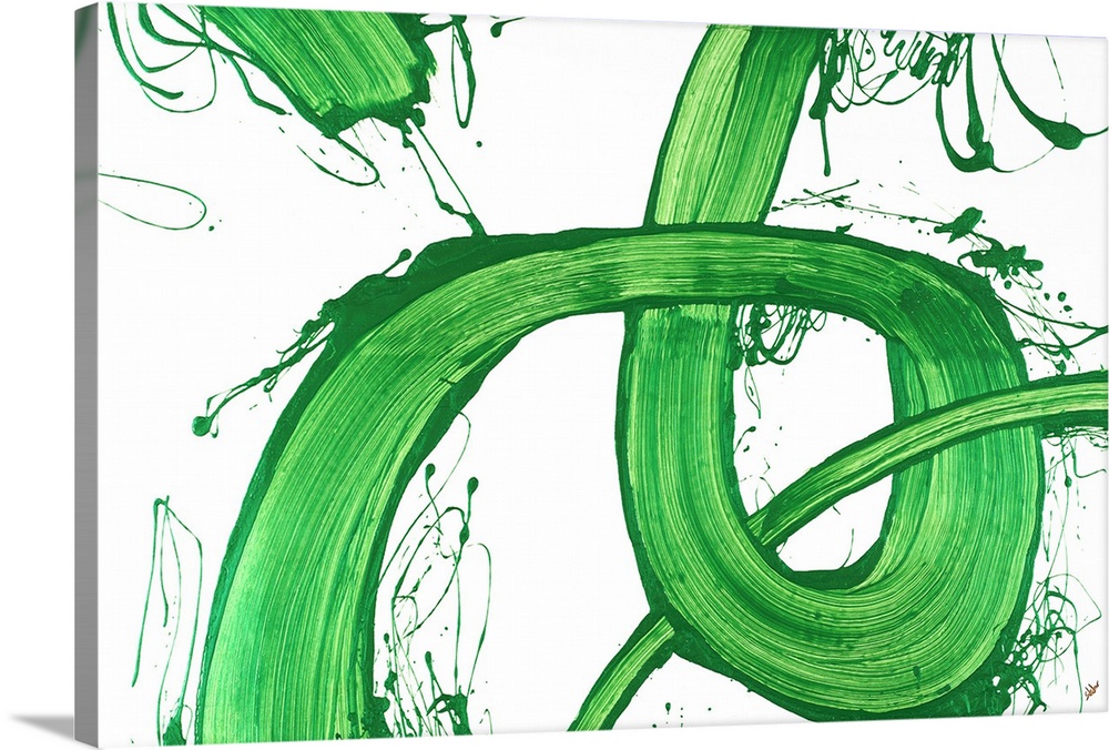 Large abstract painting with bright looping green brushstrokes on a white background with some paint splatter and thin lines.