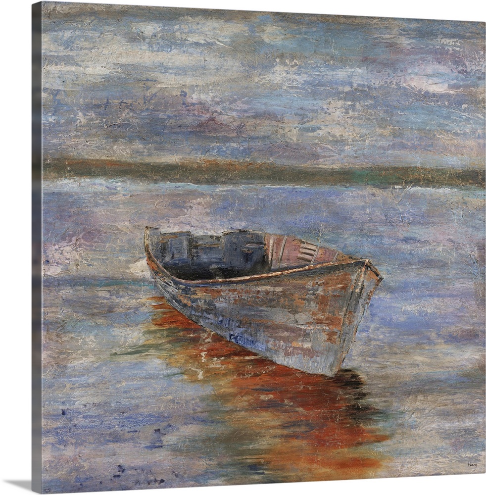 Painting of an empty row boat sitting in calm waters at sunset, a distant mountain range can be seen on the horizon.