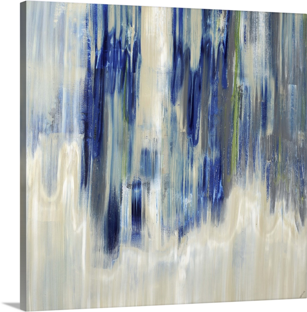 Contemporary abstract painting using blue and neutral tones.