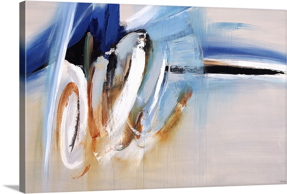 Large abstract painting with loopy brushstrokes on the left side and horizontal curved brushstrokes on the right in blue, ...