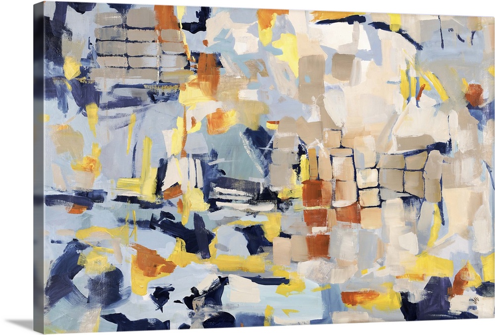 Contemporary abstract painting using using a grid of multi-colored shapes.