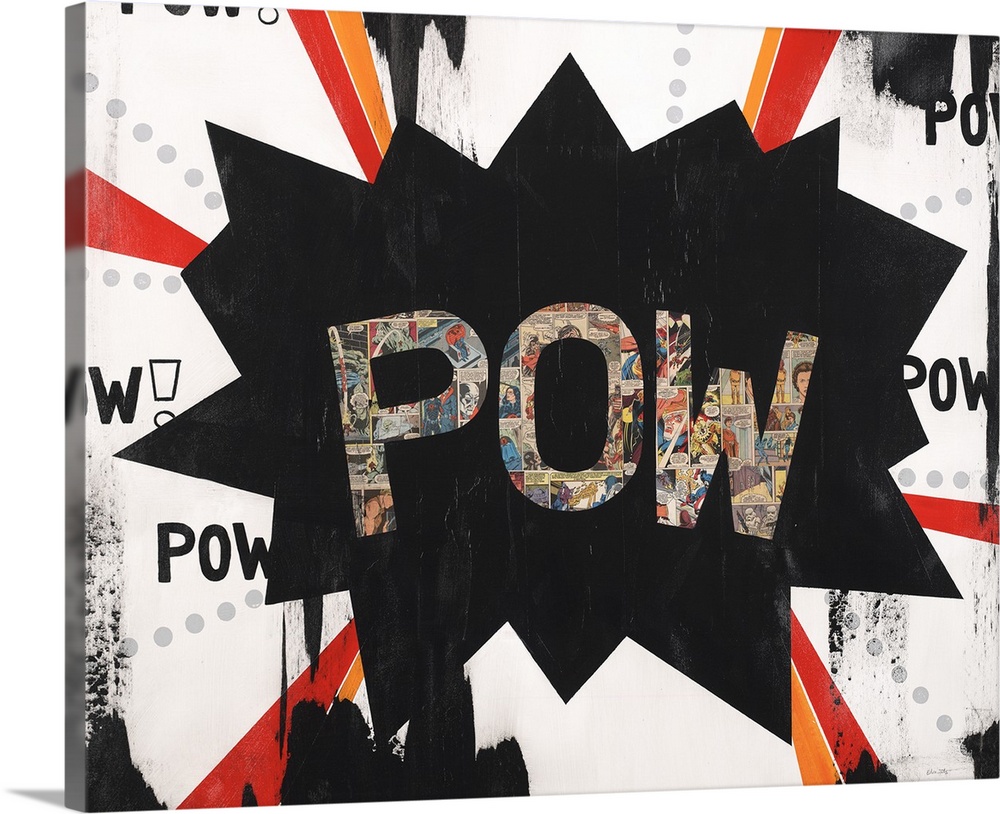 Superhero art created with mixed media of a POW star with the letters made with colorful comic book cut outs.