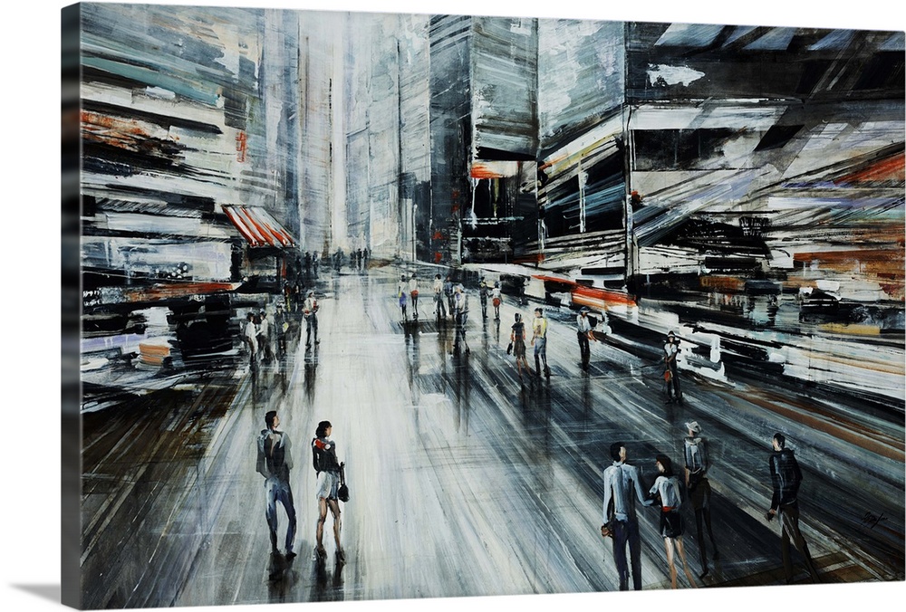 Modern art of a city street with tall skyscrapers on either side, and groups of people walking in the foreground and dista...