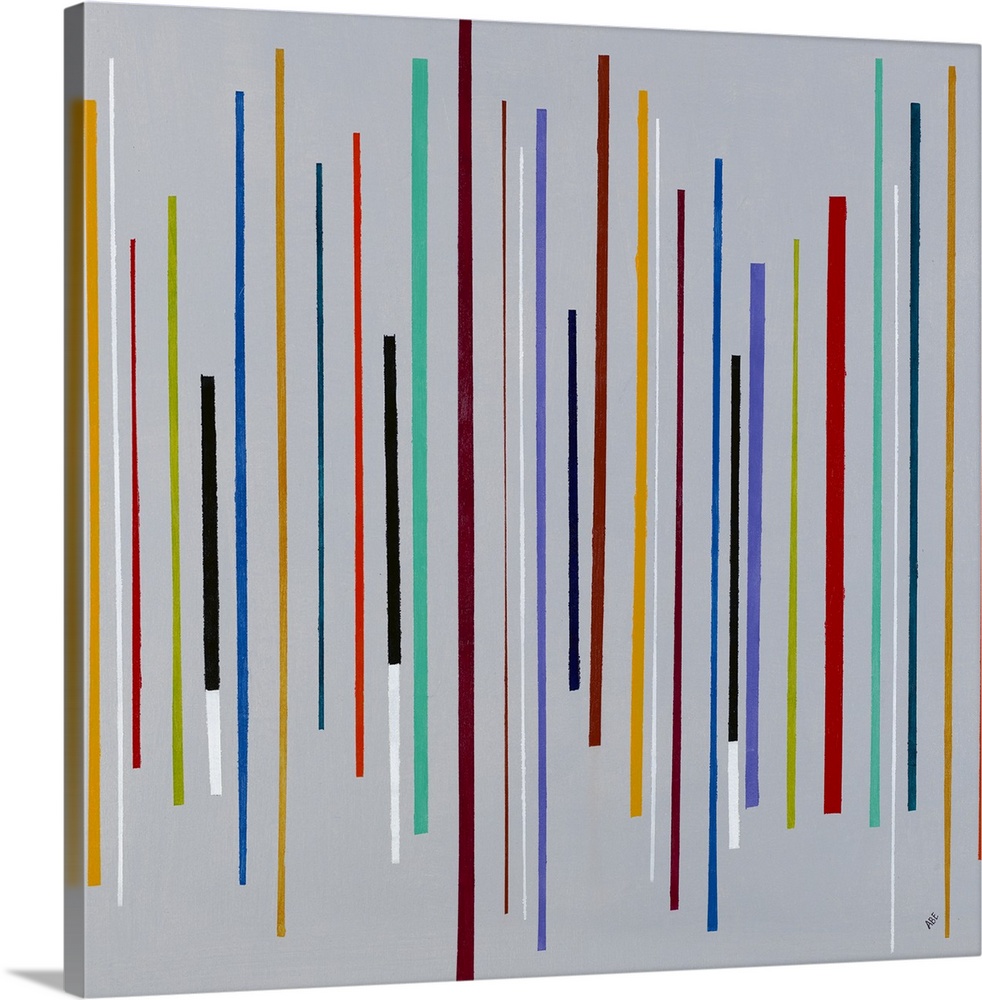 Square abstract painting with thin, colorful, vertical lines in different lengths going across the canvas on a gray backgr...