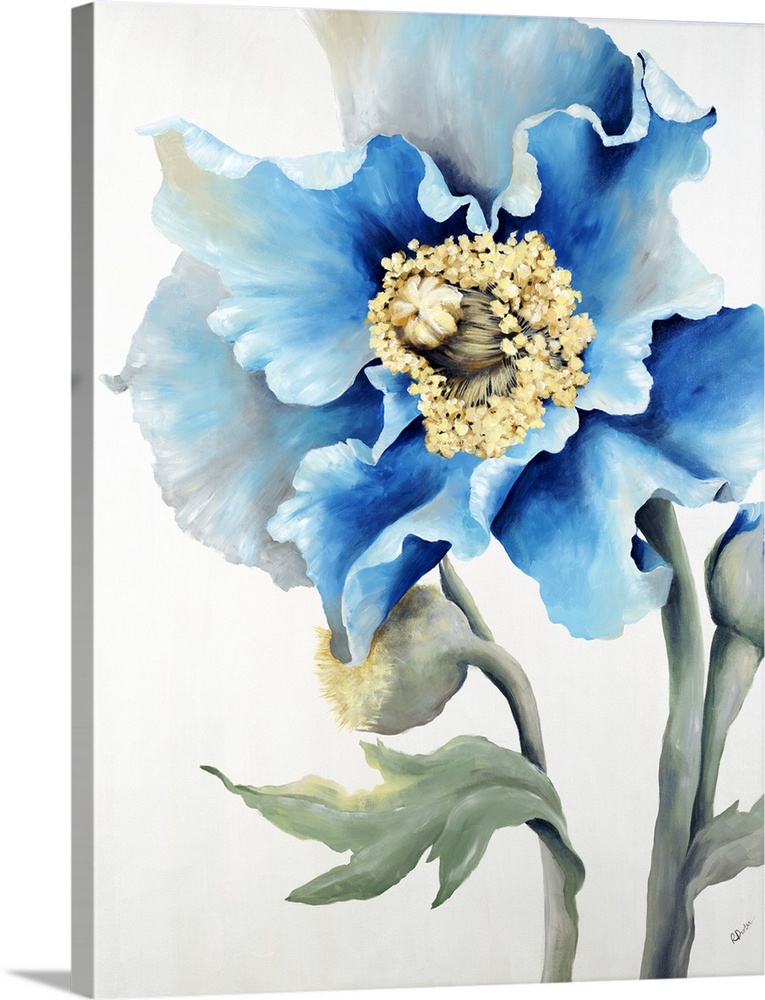 Contemporary painting of a muted flower with some bright blue petals.