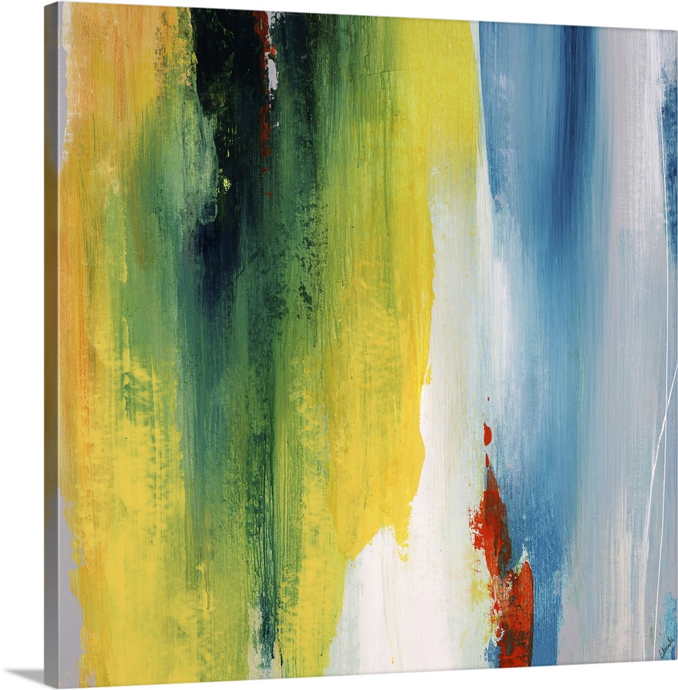 Abstract painting using a spectrum of bright colors looking like cascading water.