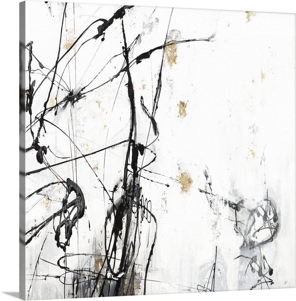 Square abstract painting in white, gray, black, and gold with thin lines sporadically on top of the canvas.