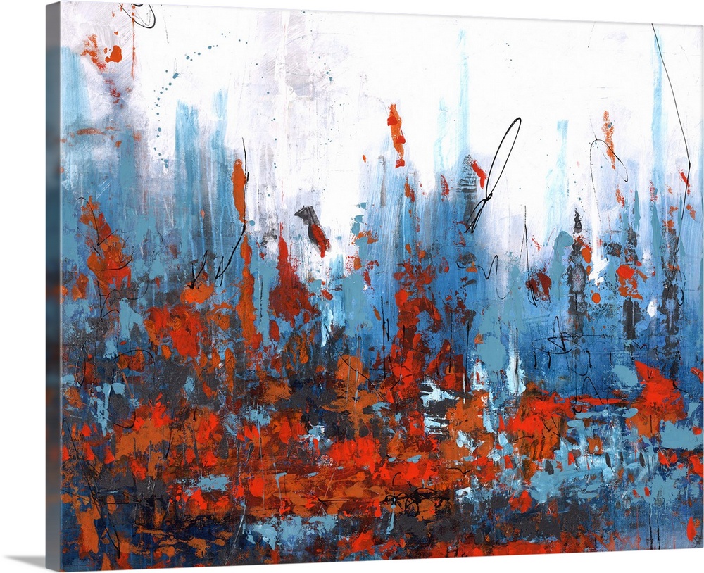 Abstract painting using deep red near the bottom of the image, with tones of blue and white in the background, Appearing a...