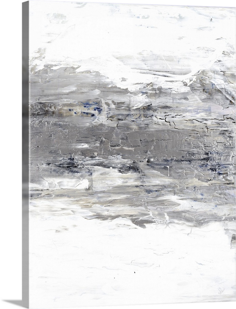 Abstract painting of textured brush strokes with a silver horizontal line in the center.