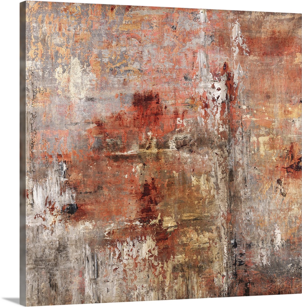 Contemporary abstract painting in rusty red and brown tones.