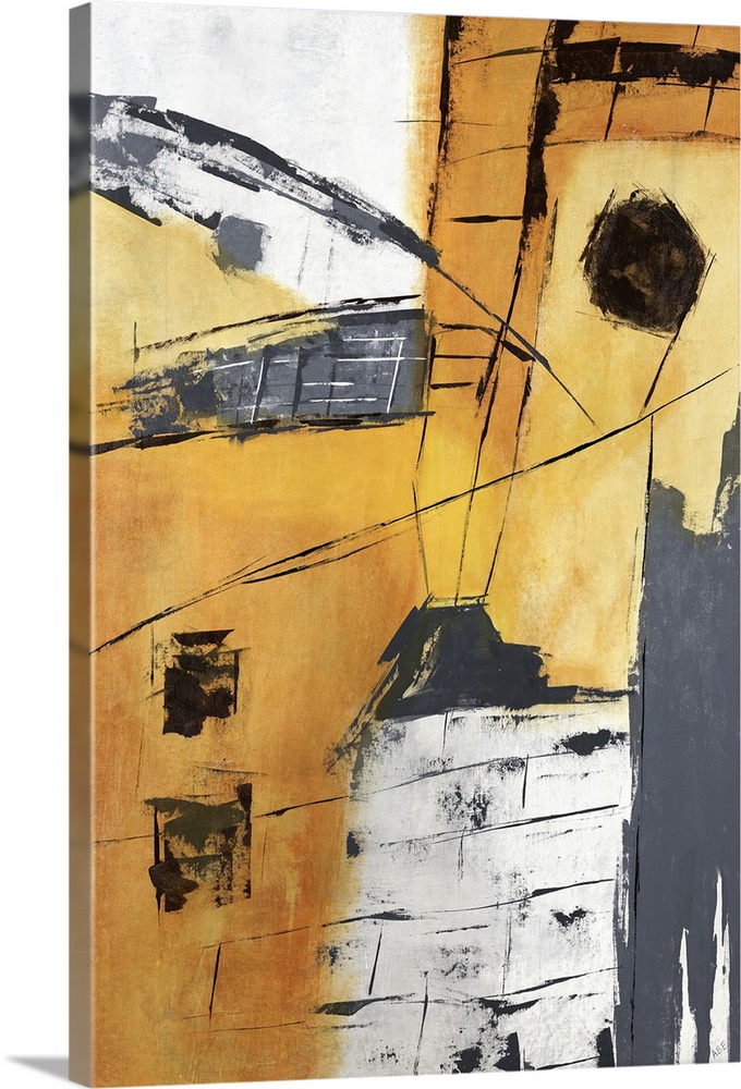 Abstract painting in colors of yellow, gray and orange.