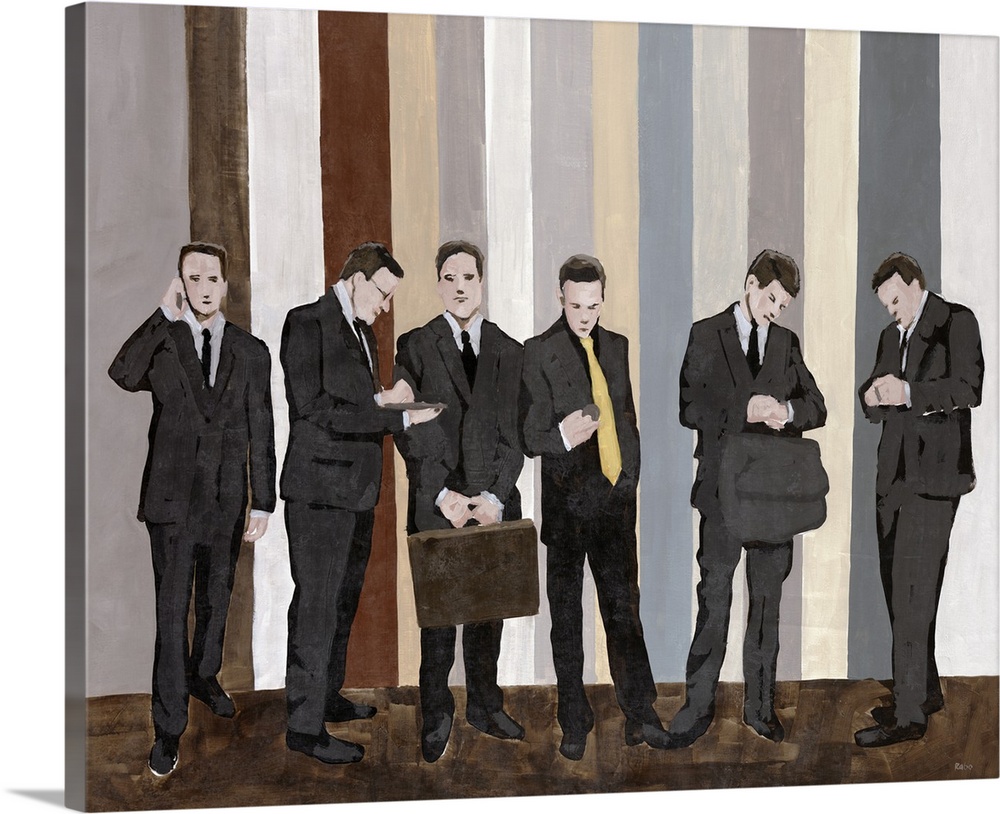Painting on canvas of six businessmen standing in a hall with vertical stripes in the background.