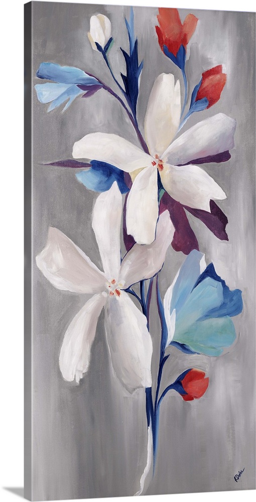 Contemporary painting of a floral arrangement of blue flowers with accents of little red buds.