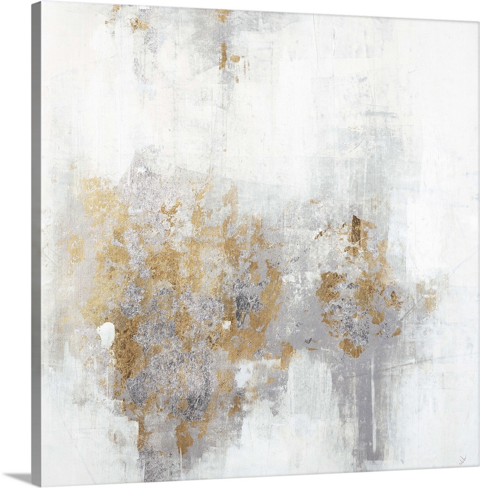 Square abstract art with a cool toned silver and white background and metallic gold on top.