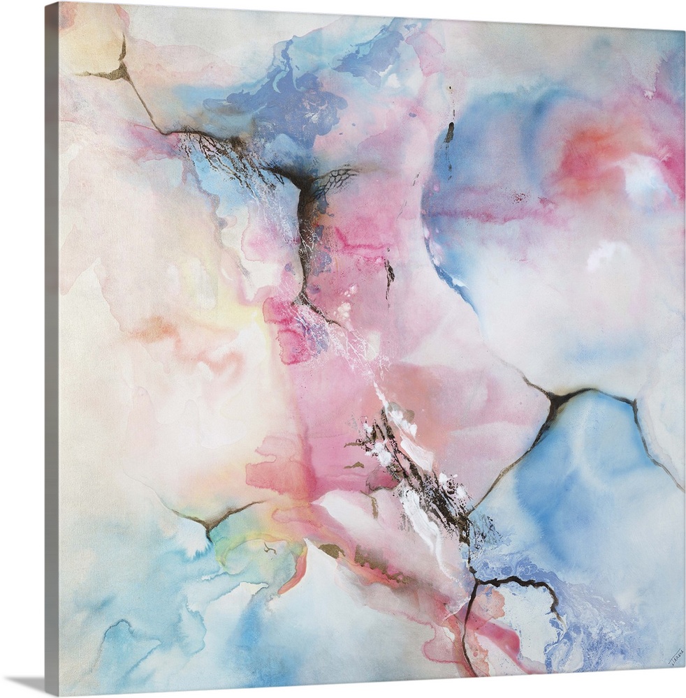 Square contemporary abstract painting with faded blue, pink, and yellow hues that appear like a watercolor painting, added...