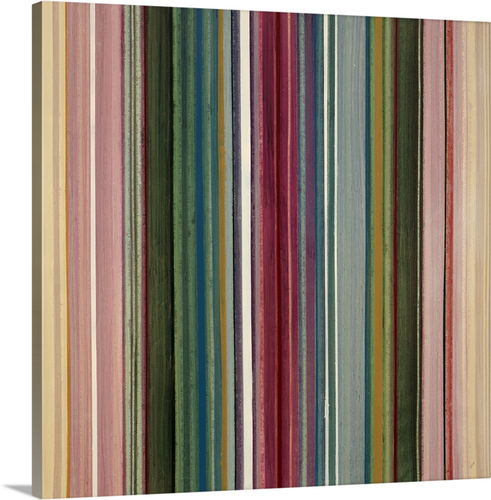 Modern painting of many vertical stripes, side by side and in various colors and thicknesses.