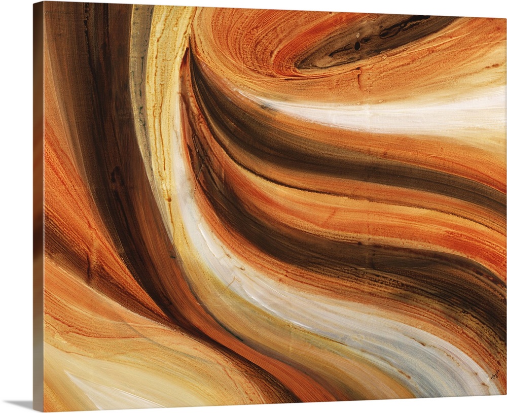 Contemporary abstract painting using warm tones, in flowing sinuous movements.