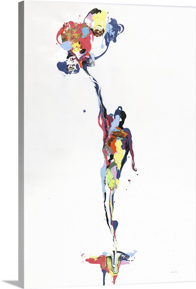 Colorful abstract painting resembling a figure floating up off the ground with a cluster of balloons in its hand.