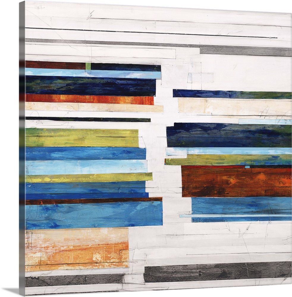 Contemporary abstract painting using colorful horizontal bars against a white background.