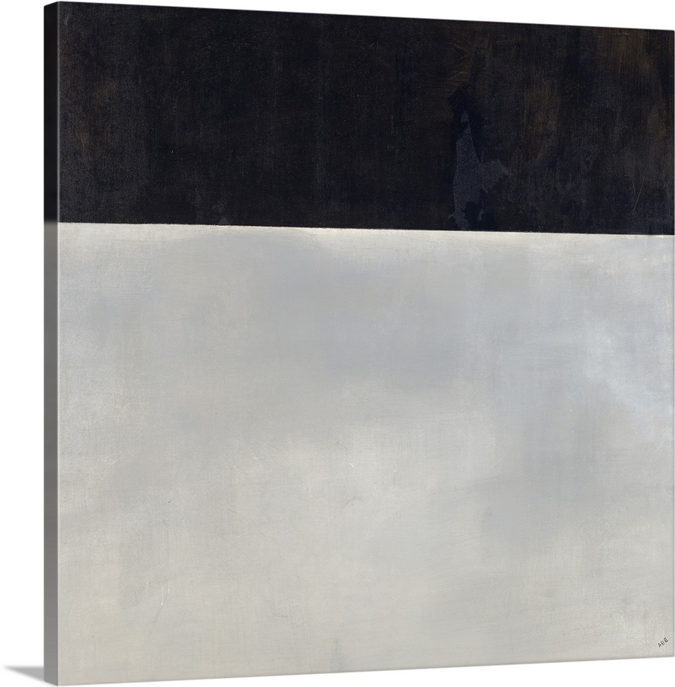 Square abstract painting with a solid black rectangle at the top and fully gray bottom.