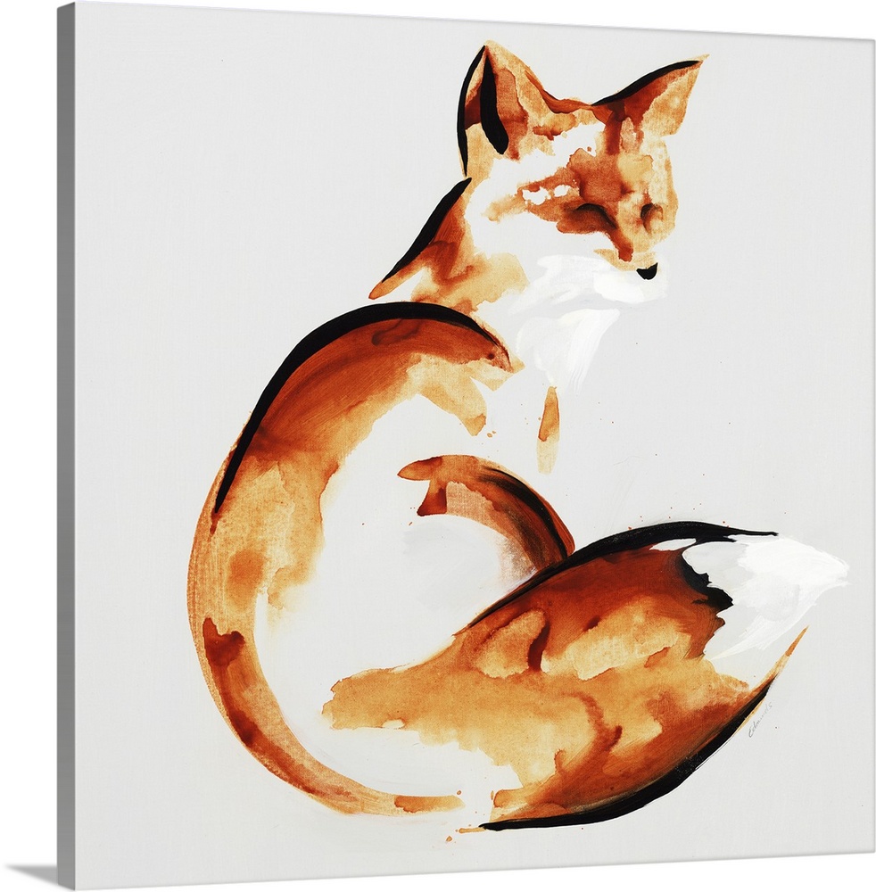 Abstract interpretation of a fox with its body curled around on a gray background.
