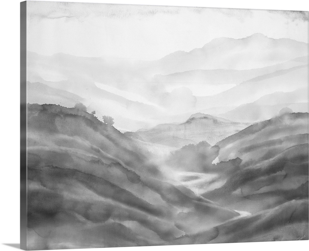 Black and white abstract painting of rolling hills created with contrast.