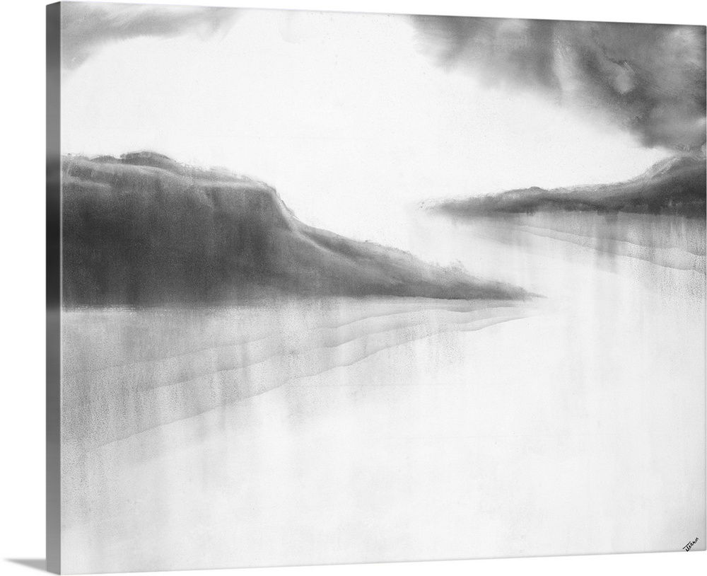 Black and white abstract landscape painting with contrasting rock formations and clouds to the white skies and water.